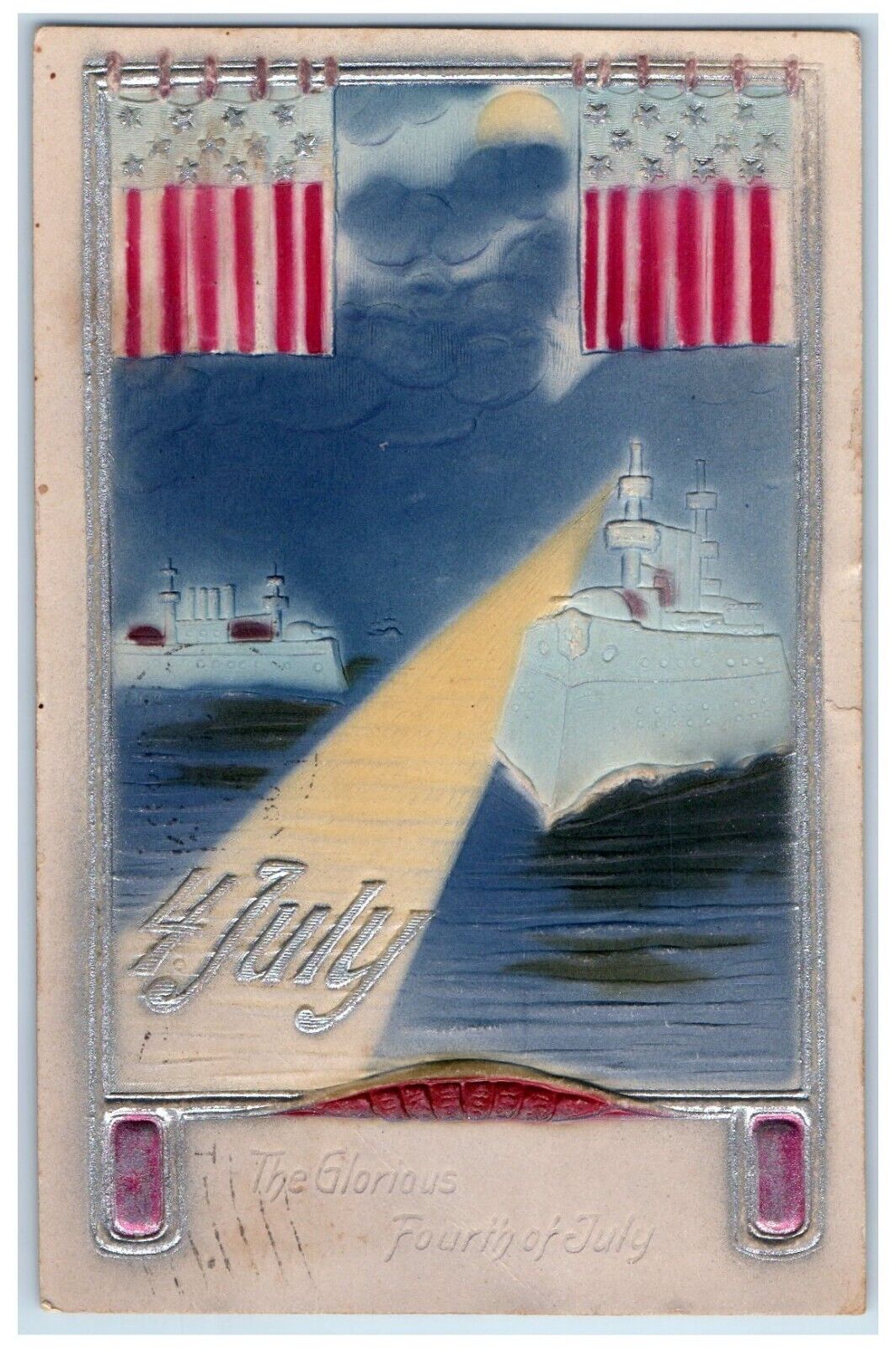 c1910's Fourth Of July Steamer Airbrushed Embossed Winchester VA Posted Postcard