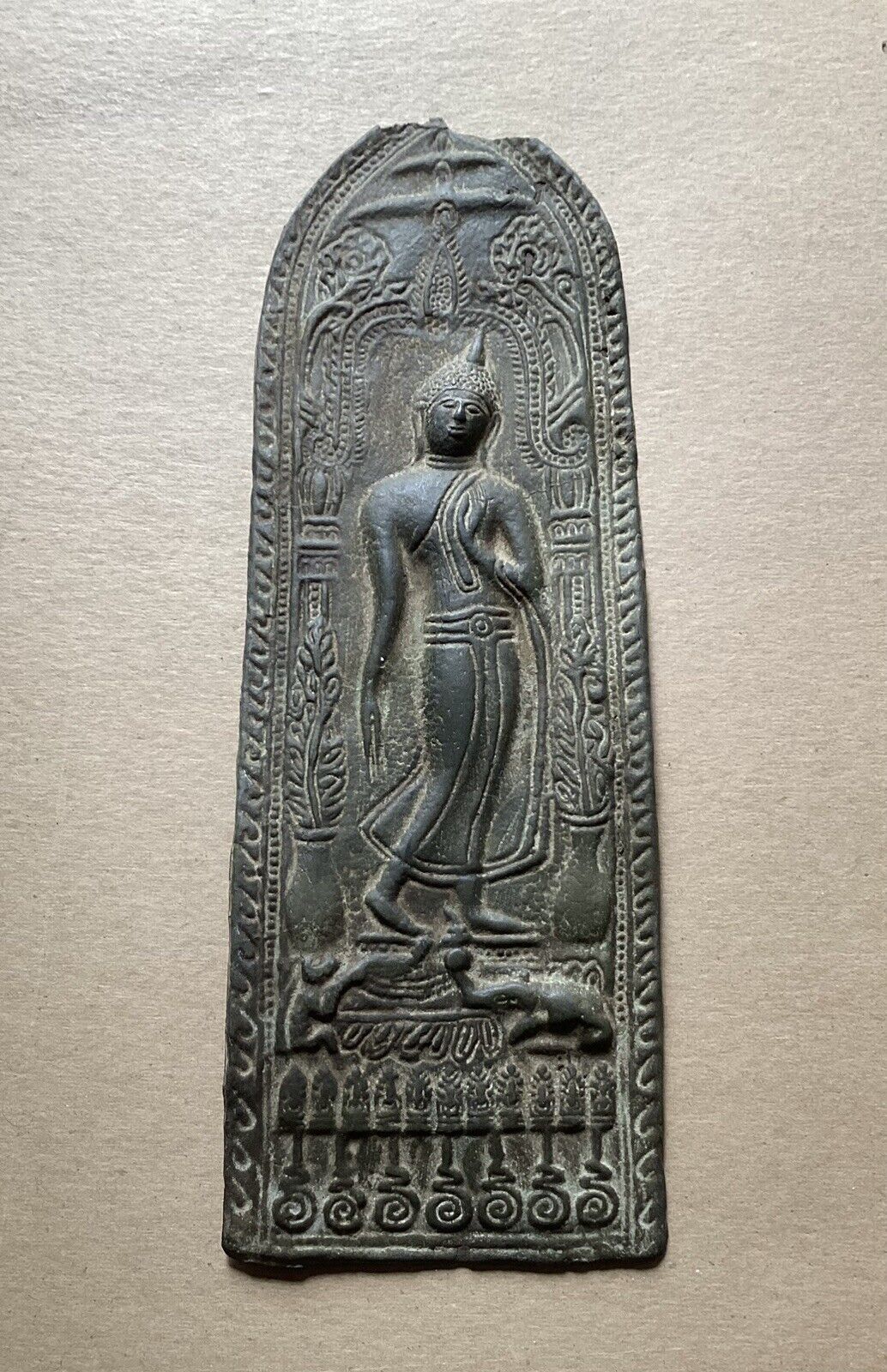 Antique Sukhothai-style Thai Buddhist Metal Votive Plaque