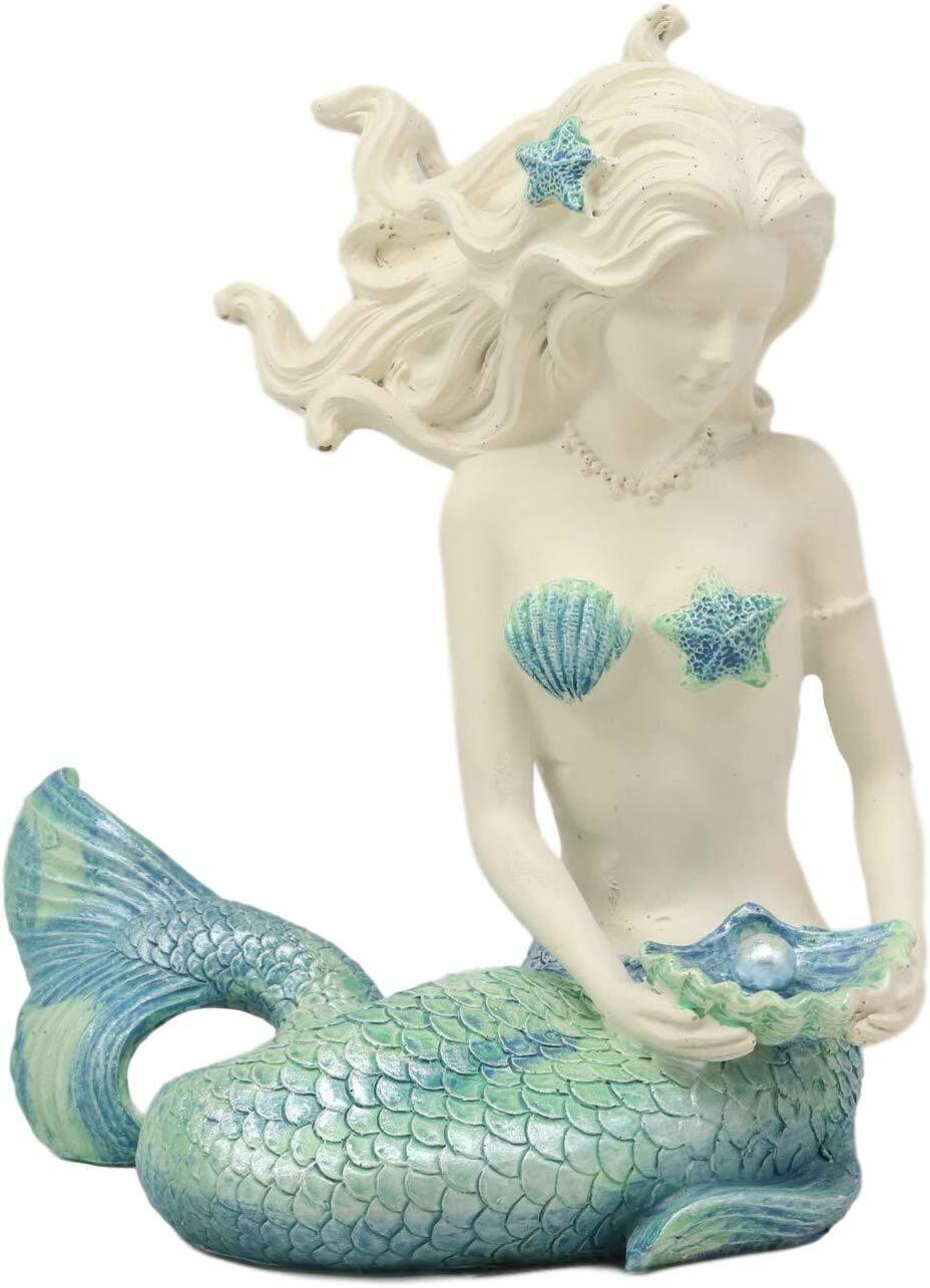 Nautical Aqua Capiz Blue Tailed Mermaid Ariel Holding Pearl In Clam Shell Statue