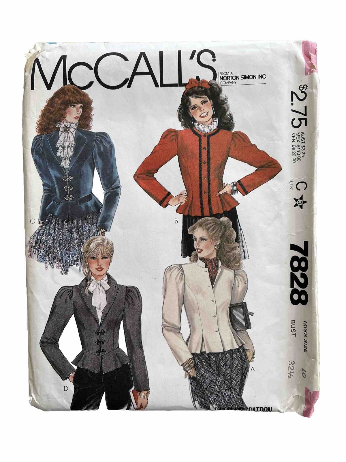 McCalls 7828 Fitted Jacket Shaped Seaming Standing Collar Sz 10 Bust 32.5 UNCUT