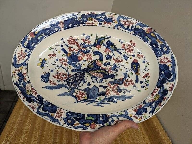 Vtg. Japanese peacock and birds large oval platter.