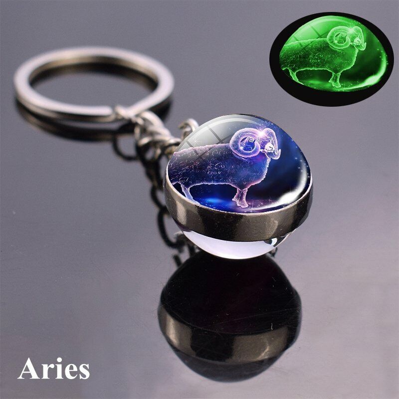 12 Constellation Animal Sign Keychain Luminous Double Sided Glass Ball Keyring