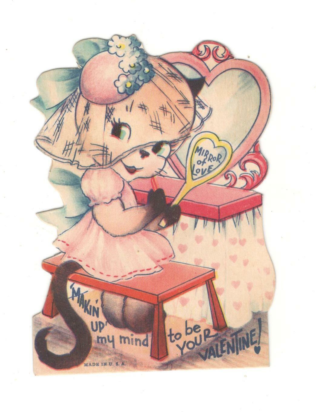 Anthropomorphism Girl Cat Vintage 40\'s 50\'s Valentine Greeting Card OS16