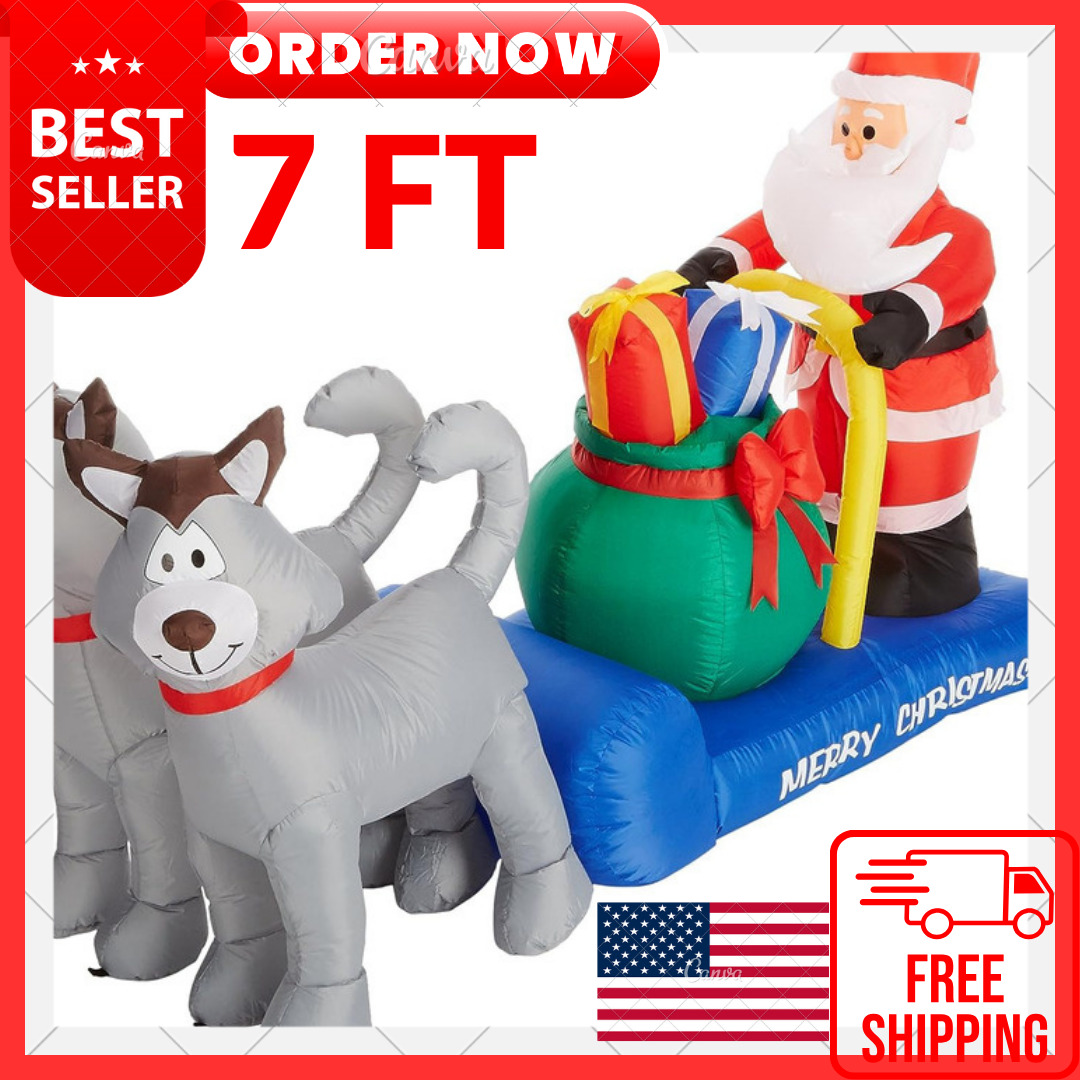 7 Foot Long Christmas Inflatable Santa Claus on Sleigh with Husky Dogs and Gift.