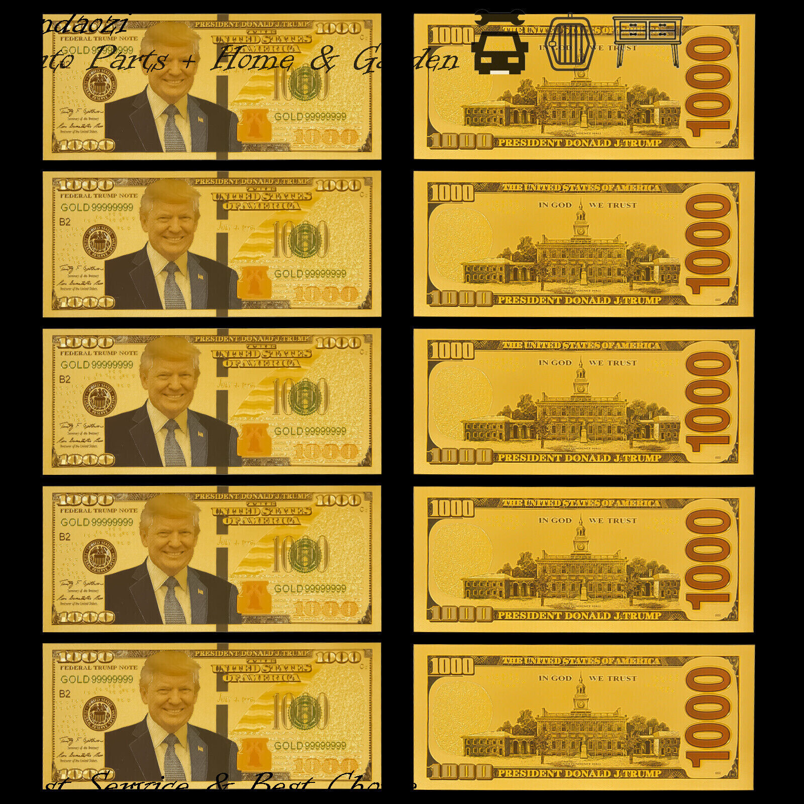 10x President Donald Trump 1000 Dollar Gold Bill Banknotes Fits Collection Gift