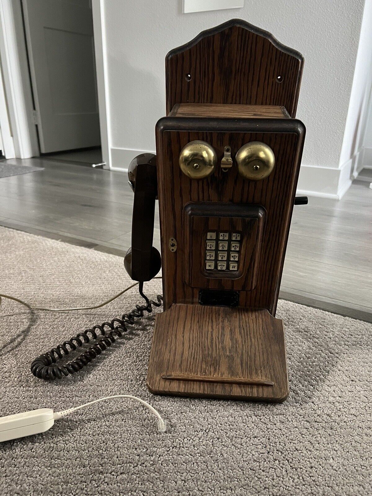 VTG. Phone Wood Box Wall Mount Antique Telephone With Buttons Oak/Gold UNTESTED