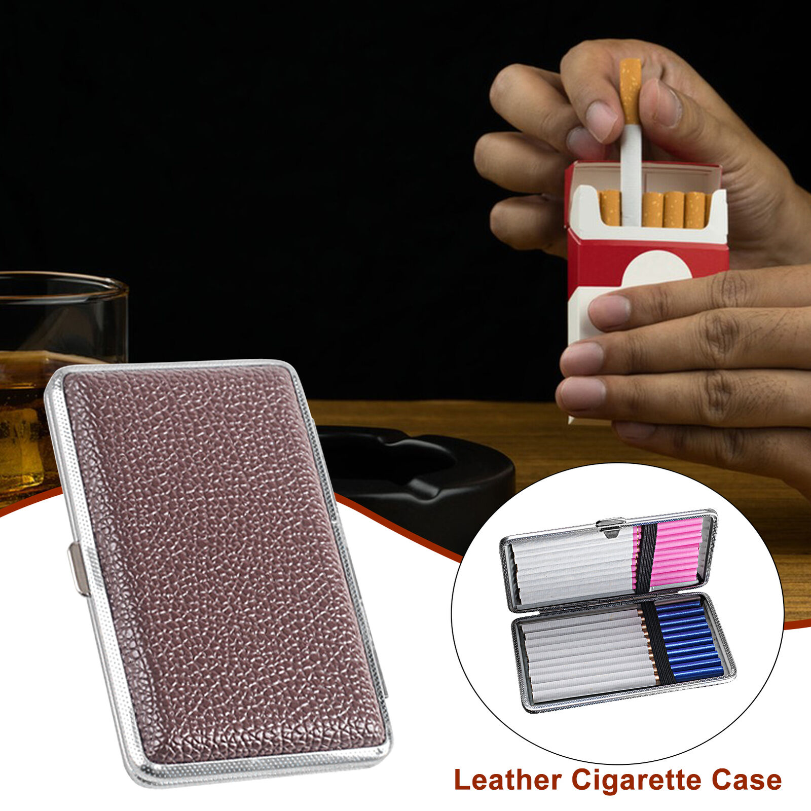 Portable Brown Leather Double Sided Cigarette Case Holds Pockets Container