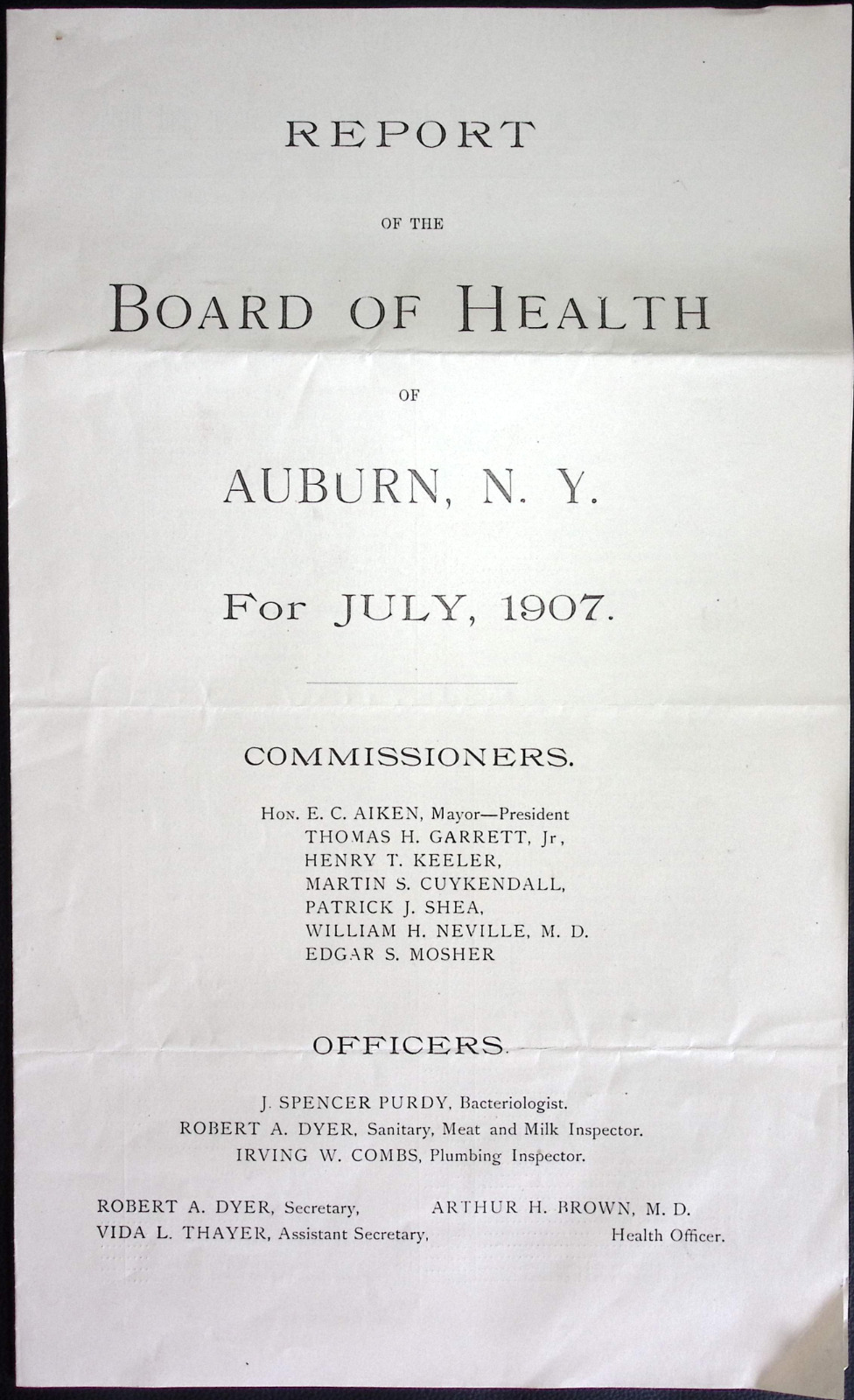 1907 Auburn NY Board of Health Report Death Stillbirth Disease Health Inspection