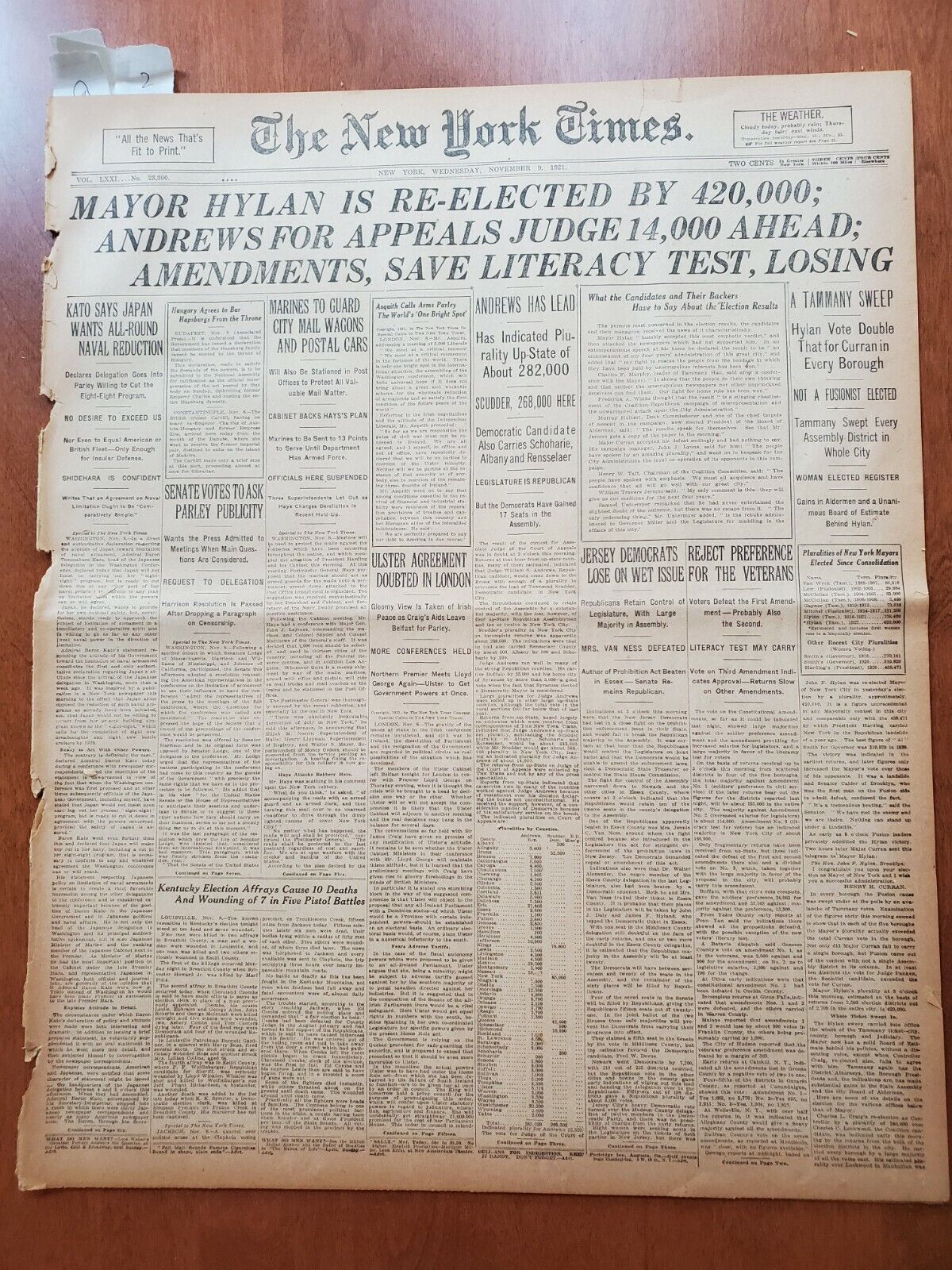 1921 NOVEMBER 9 NEW YORK TIMES NEWSPAPER - MAYOR HYLAN IS RE-ELECTED - NT 8020