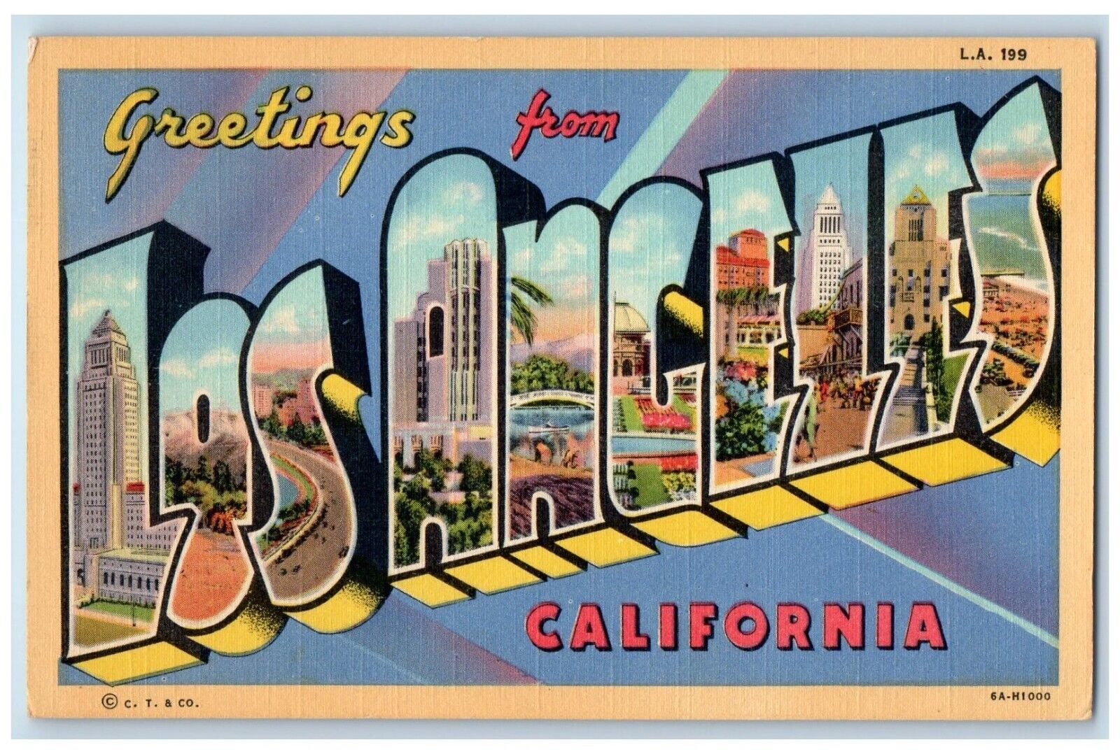 c1940 Greetings From Los Angeles California Banner Large Letter Antique Postcard