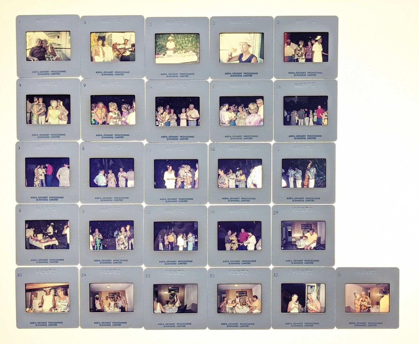Lot of 36 Agfachrome slides - Caribbean party goers & Xmas in Canada 1970-72