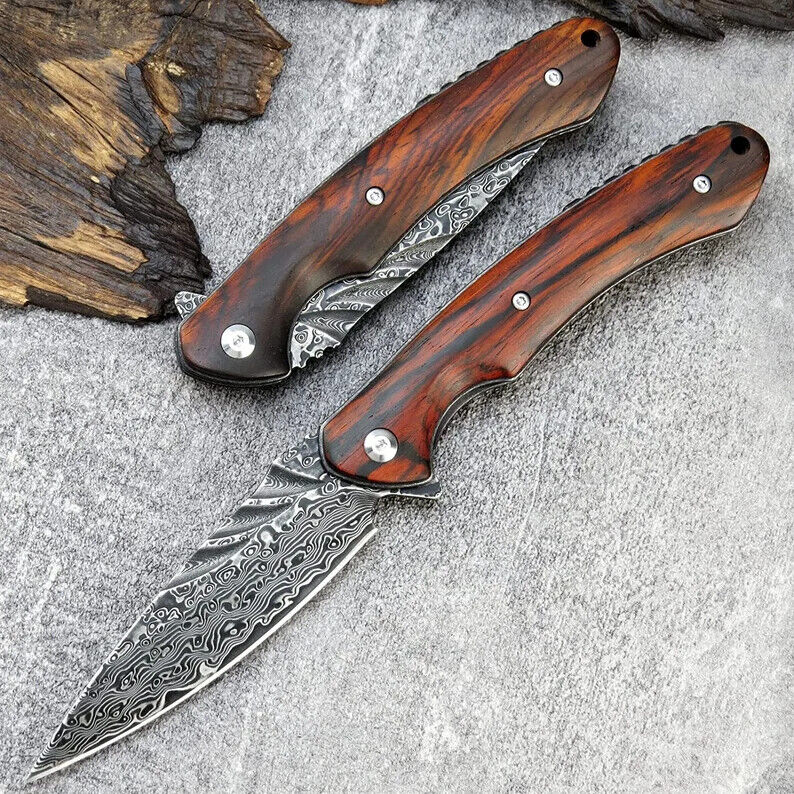 Personalized Engraved Knife, Rose Wood Pocket Knife, Damascus Folding Knife Gift