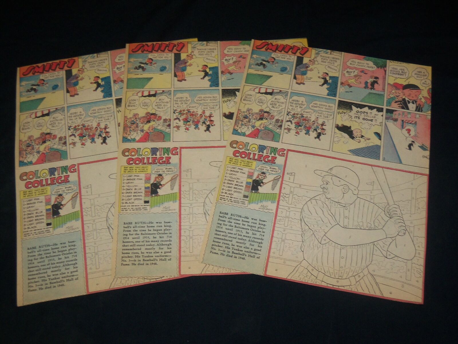 1963 NY DAILY SUNDAY NEWS BABE RUTH COLORING COLLEGE COMICS LOT OF 3 - NP 5384