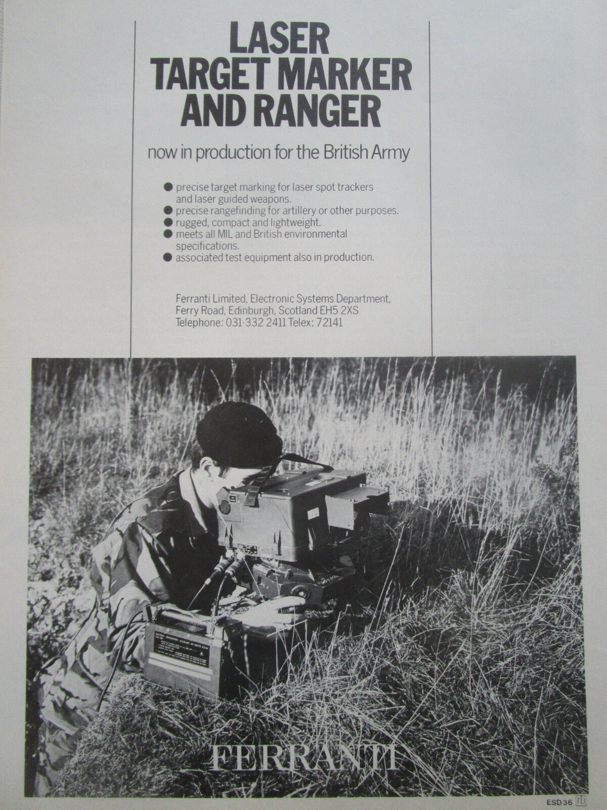 9/1977 PUB FERRANTI LASER TARGET MARKER RANGER BRITISH ARMY ORIGINAL AD