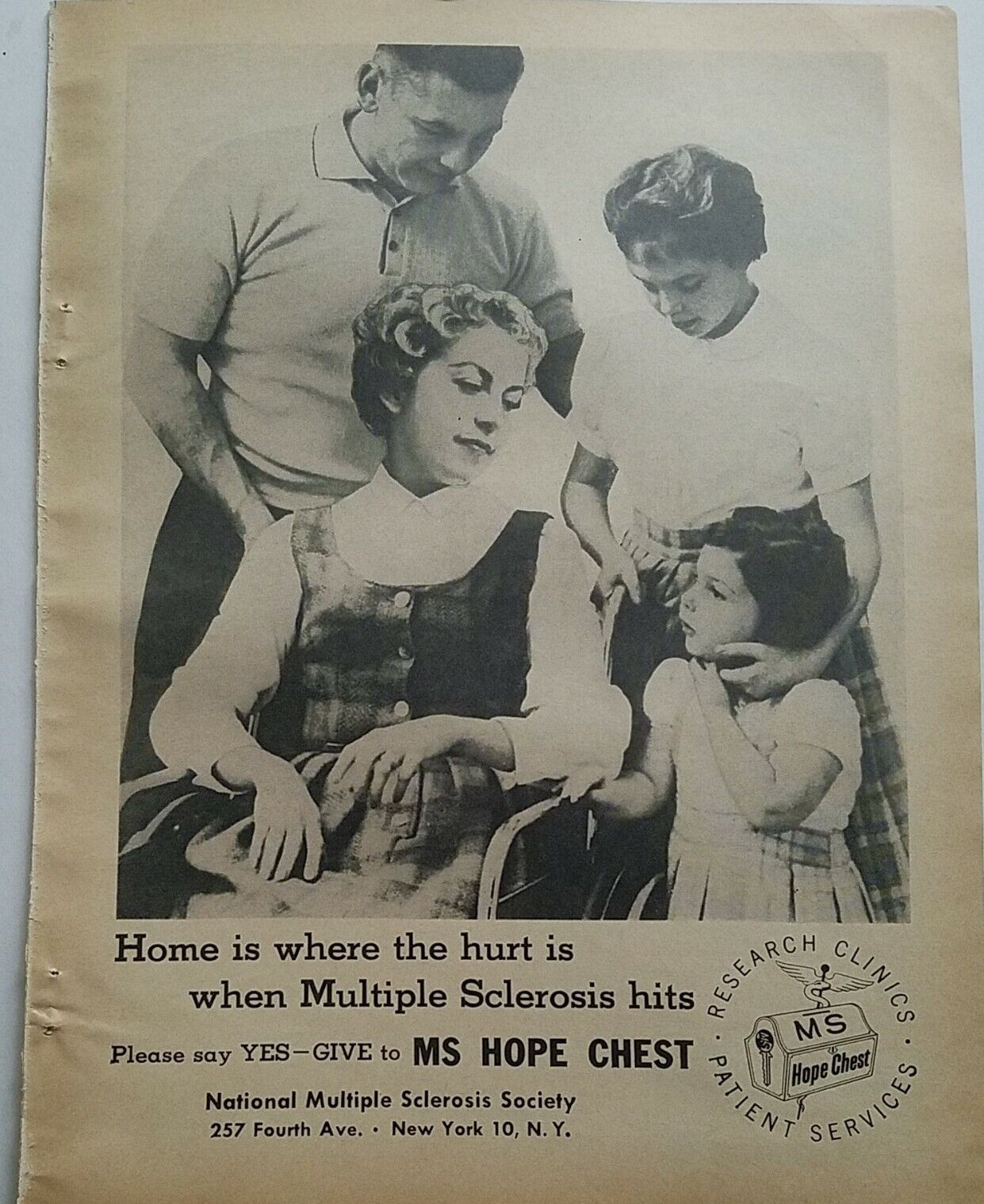 1960 National Multiple Sclerosis Society Ms Hope Chest woman wheelchair ad