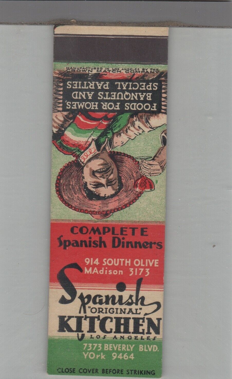 Matchbook Cover Crown Match Co. Original Spanish Kitchen Los Angeles, CA