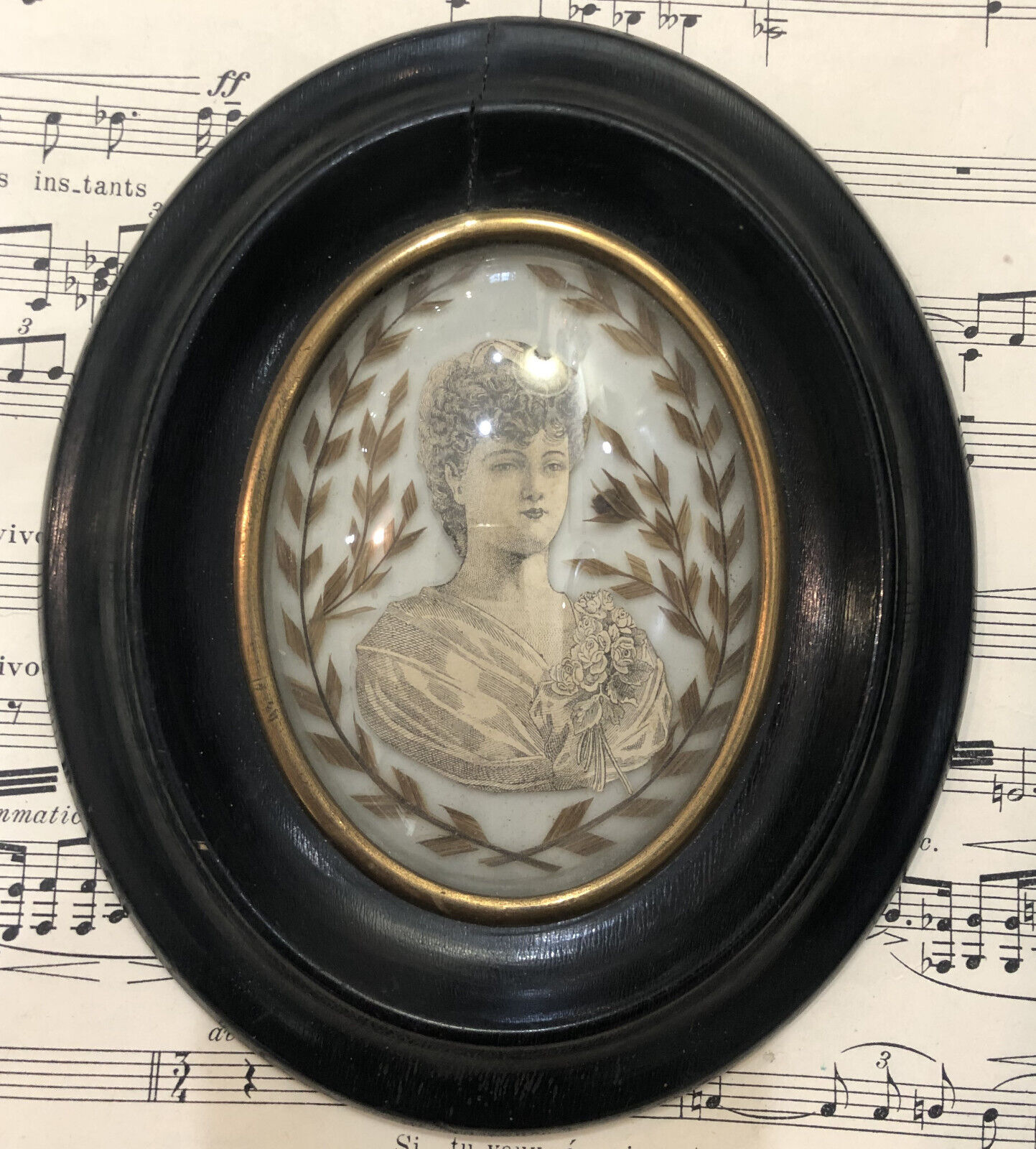 Rare Antique French Mourning Hair Art Domed Glass Wooden Frame Woman c1880