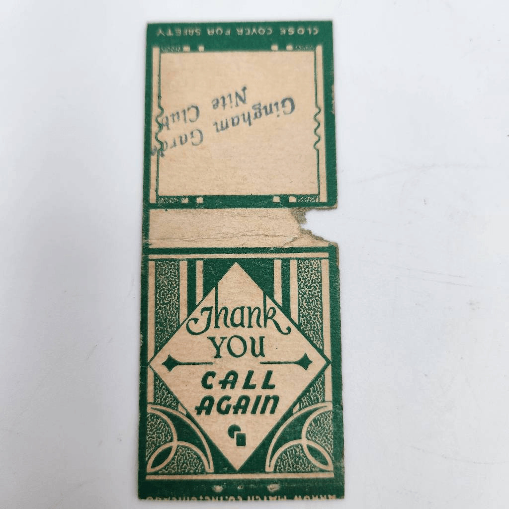 Vintage Matchcover Thank You Gingham Gardens Nite Club Bobtail