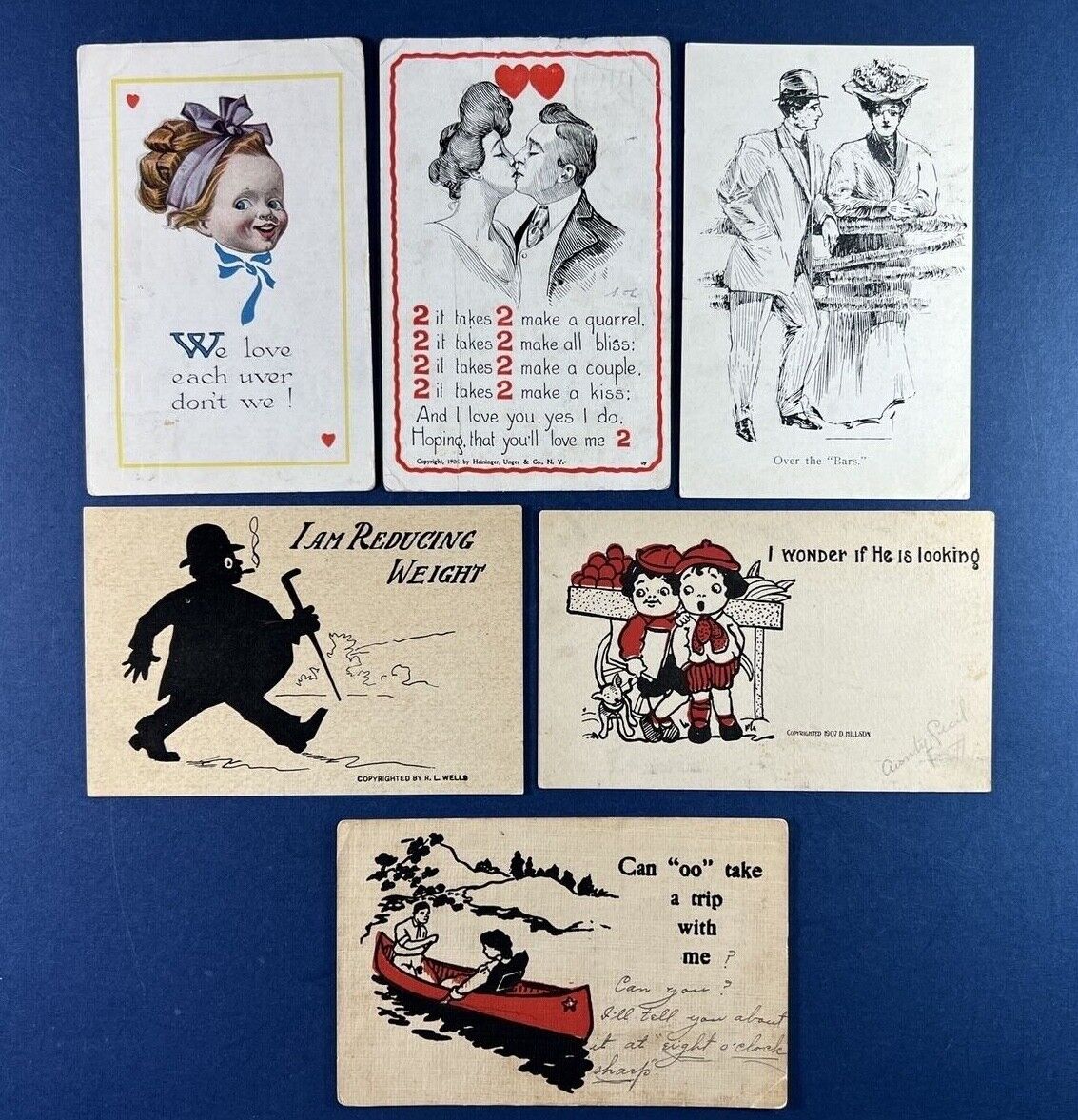 6 Romance Comic Drawn Greetings Antique Postcards, 1907-09. For Collectors 