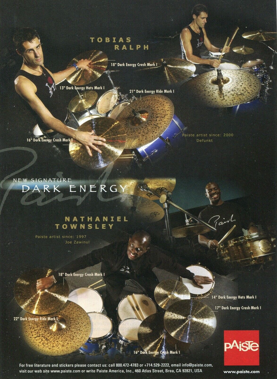 2005 Print Ad Paiste Dark Energy Drum Cymbals w Tobias Ralph, Nathaniel Townsley
