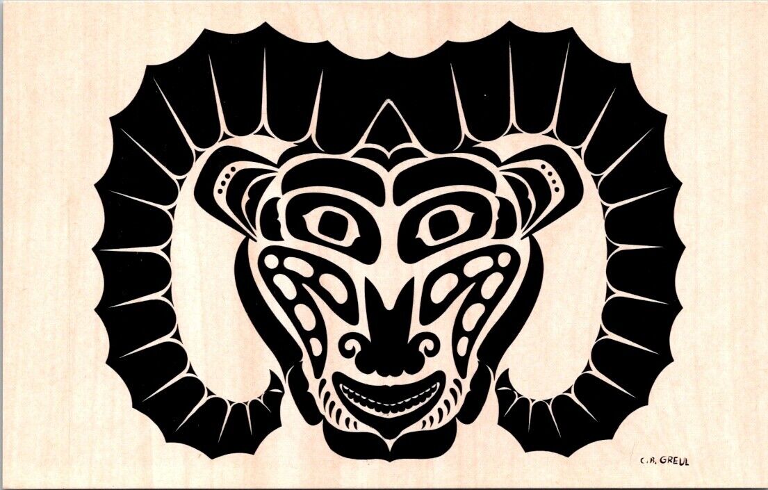 PNW Kwakiutl Mask Ram Motif Native Art Vancouver Magazine CB Greul postcard IQ7