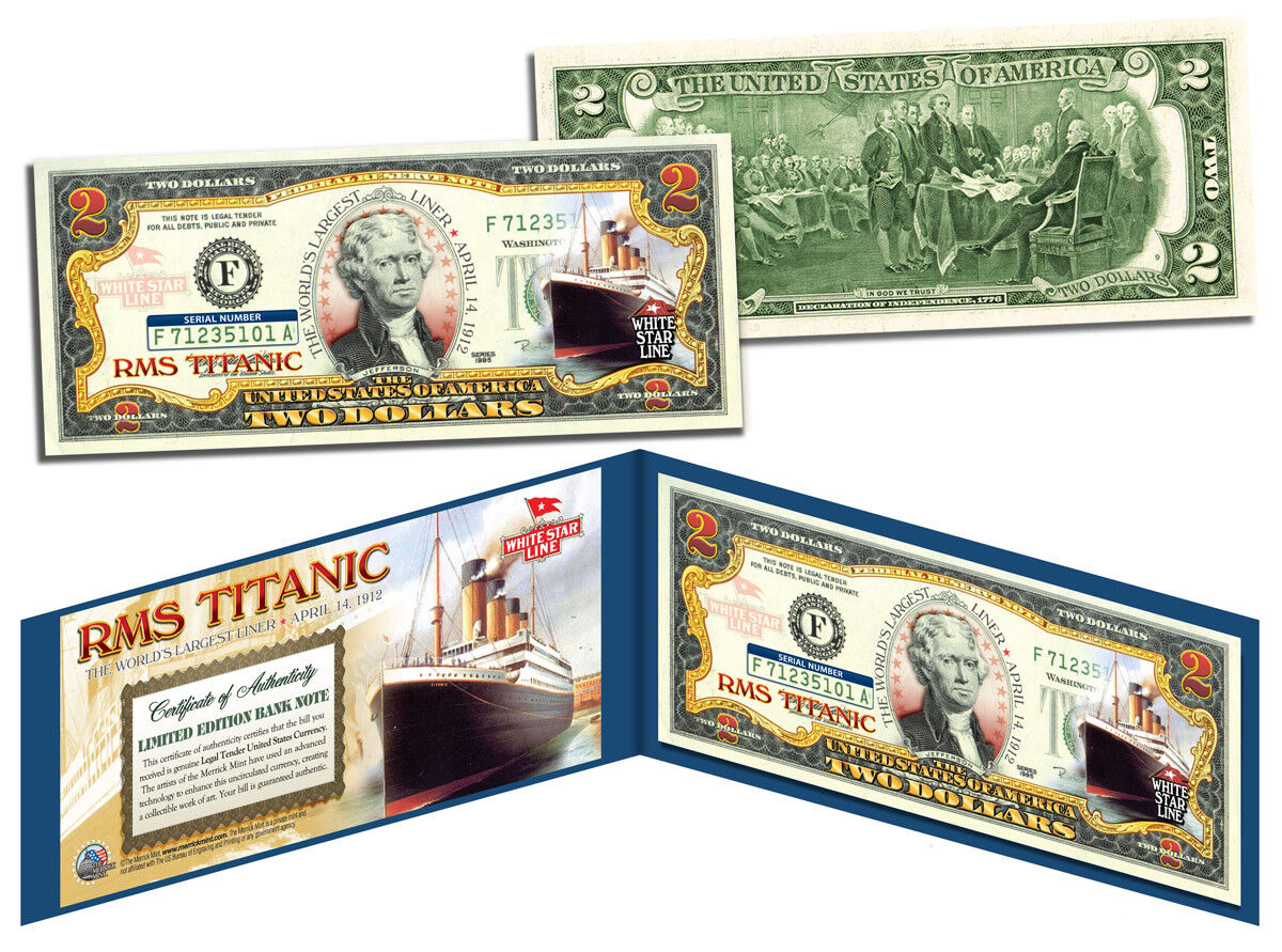 RMS TITANIC Ship * April 14, 1912 * Colorized U.S. $2 Bill Genuine Legal Tender
