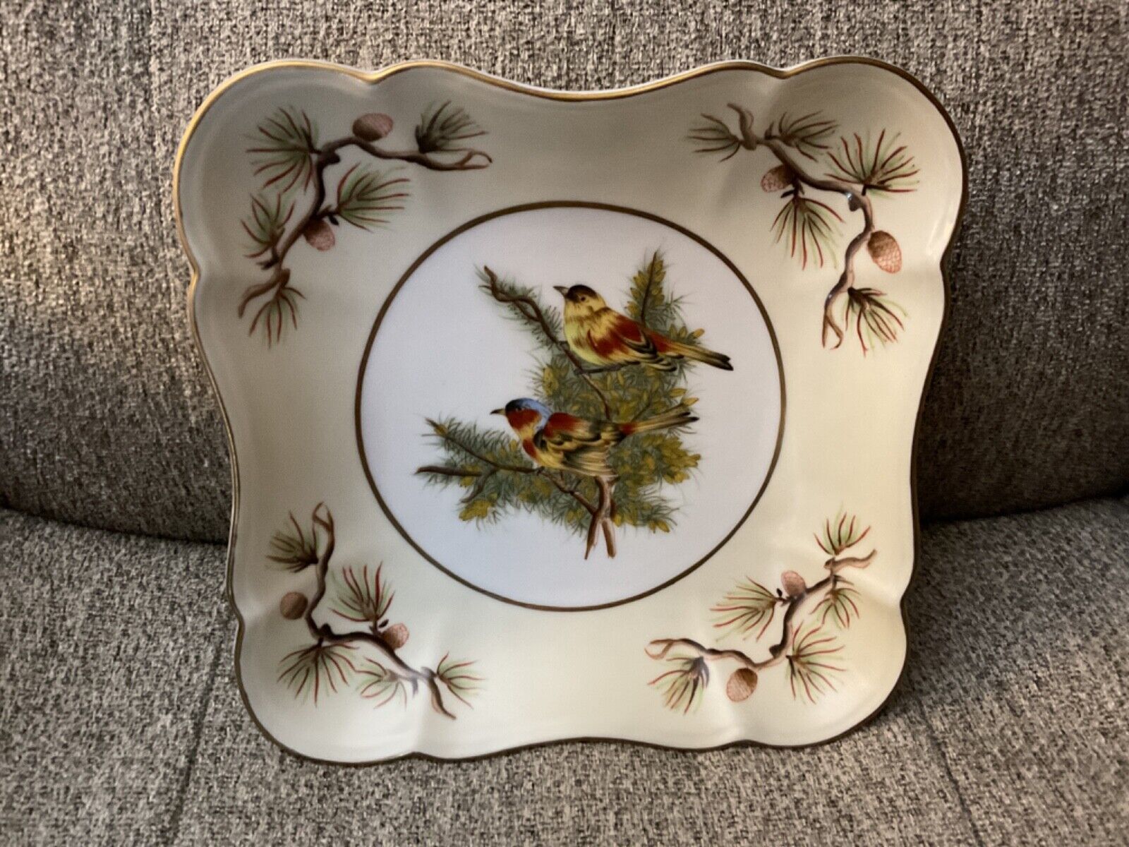 Rare Find 1980\'s Bird ,Pinecone Square 9” Scalloped Decorative Plate / China