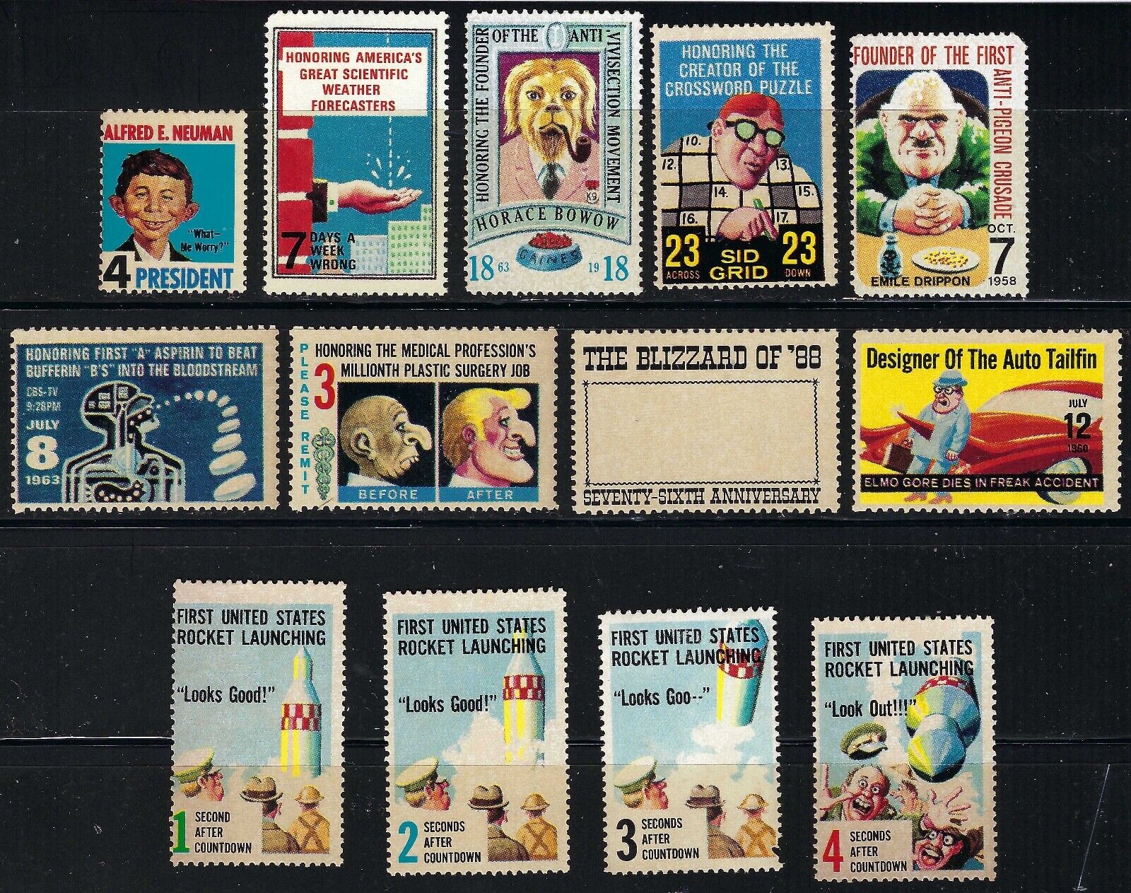 MAD Magazine Alfred E. Neuman For President Plastic Surgery Rocket Launch Stamps