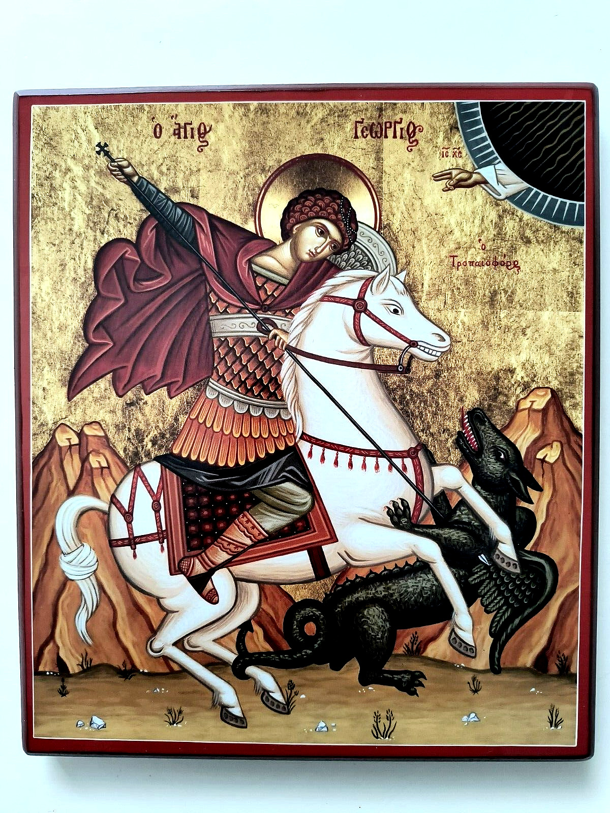Vintage Greek Byzantine Icon of St. George, Mounted Wood, 1961