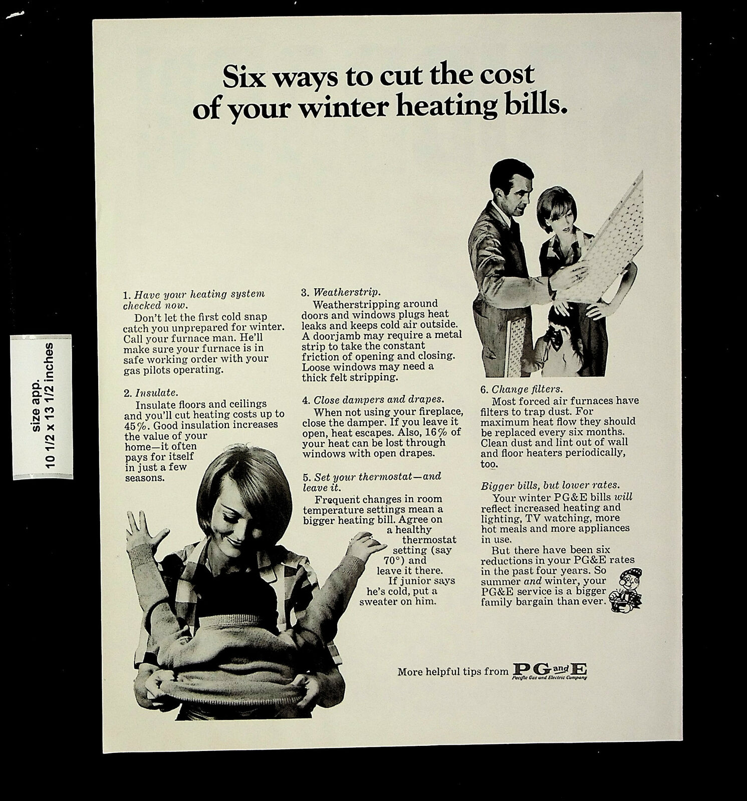 1967 PG&E Cut Cost Winter Heating Bill Mom Kid Vintage Print Ad 24510