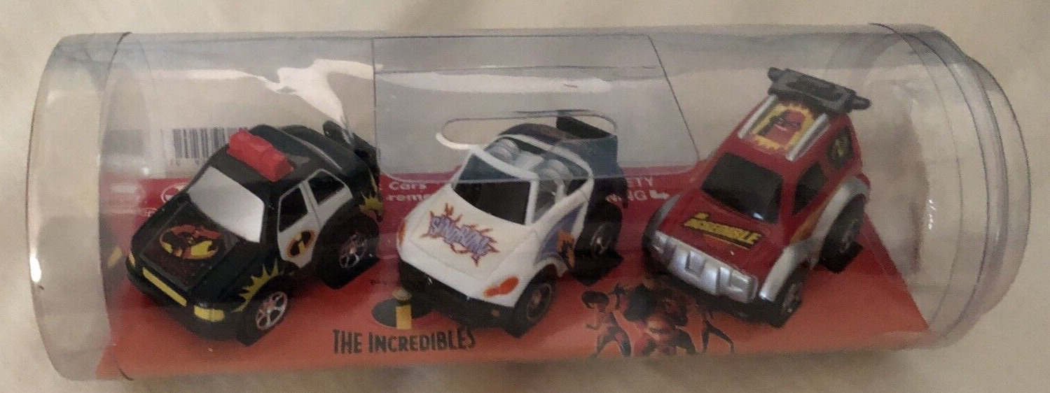 NEW Disney Pixar The Incredibles 2004 Nano Auto Pull Back Race Car tube Set of 3