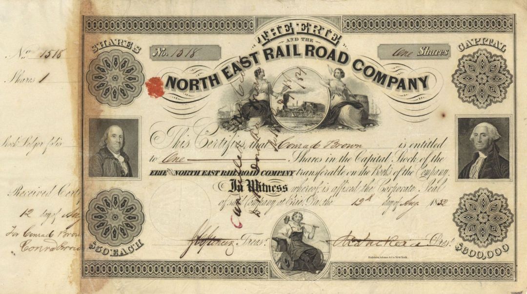 Erie and North East Railroad Co. - 1850's-60's dated Railway Stock Certificate -