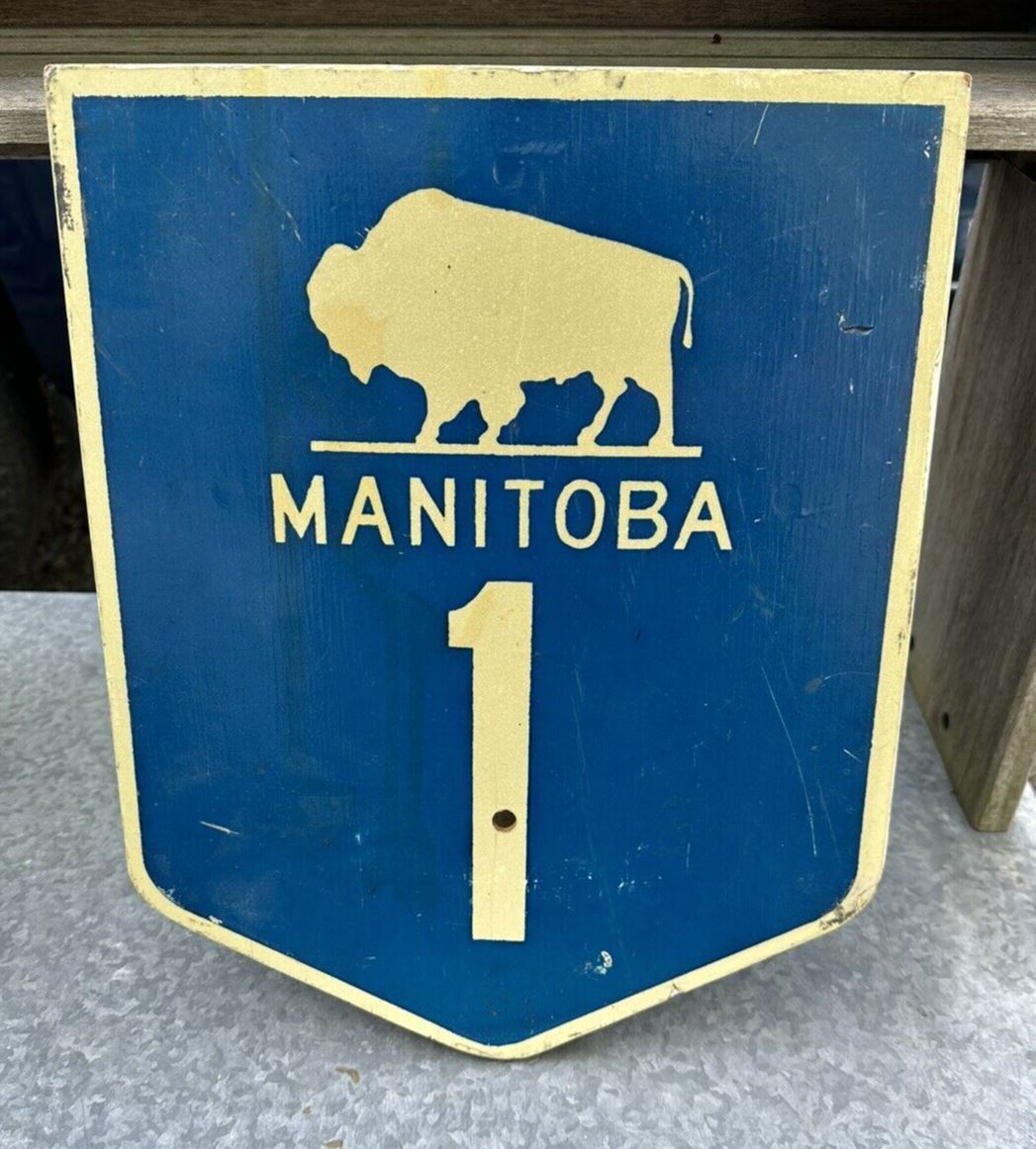 Vintage Manitoba 1 Wooden Canadian Road Marker Sign with Bison