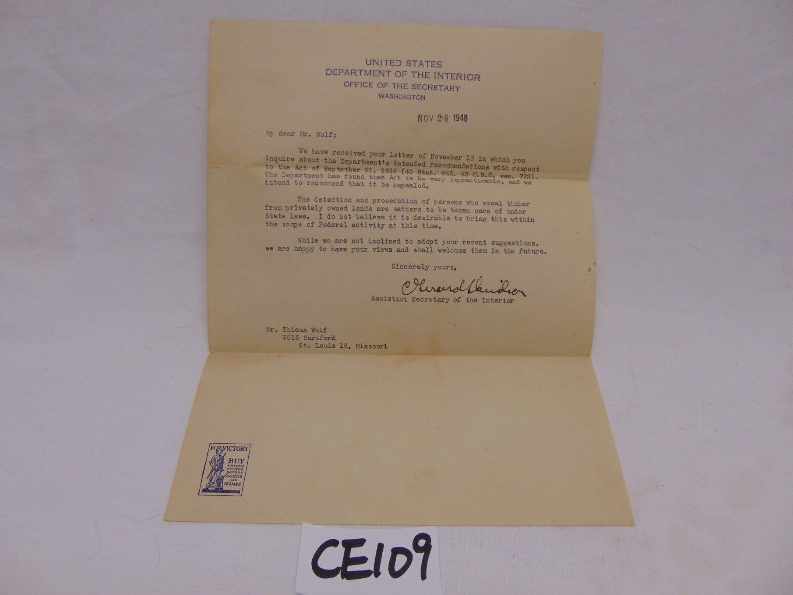 VINTAGE 1948 LETTER FROM DEPARTMENT OF INTERIOR- MISSOURI-STEAL TIMBER FROM LAND