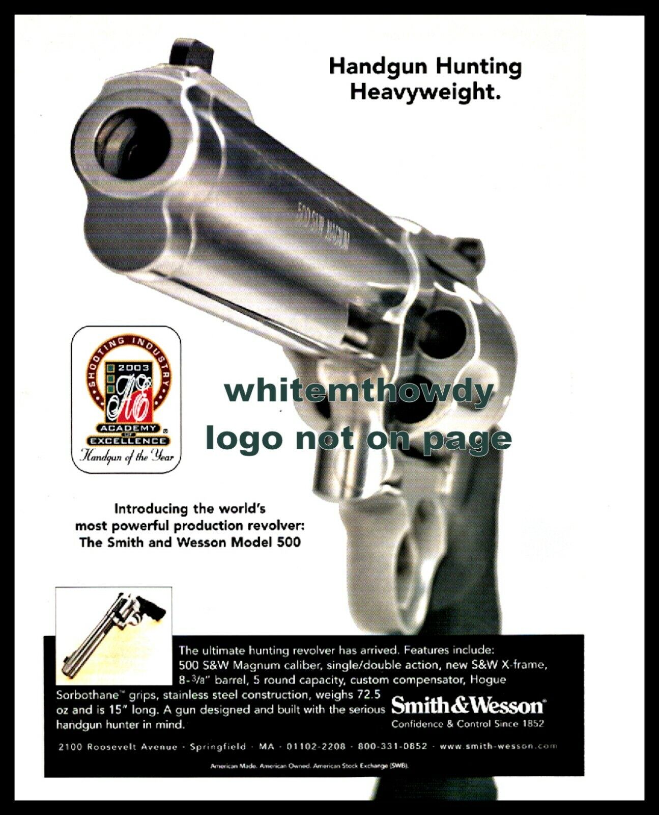 2003 SMITH & WESSON Model 500 Revolver Photo PRINT AD