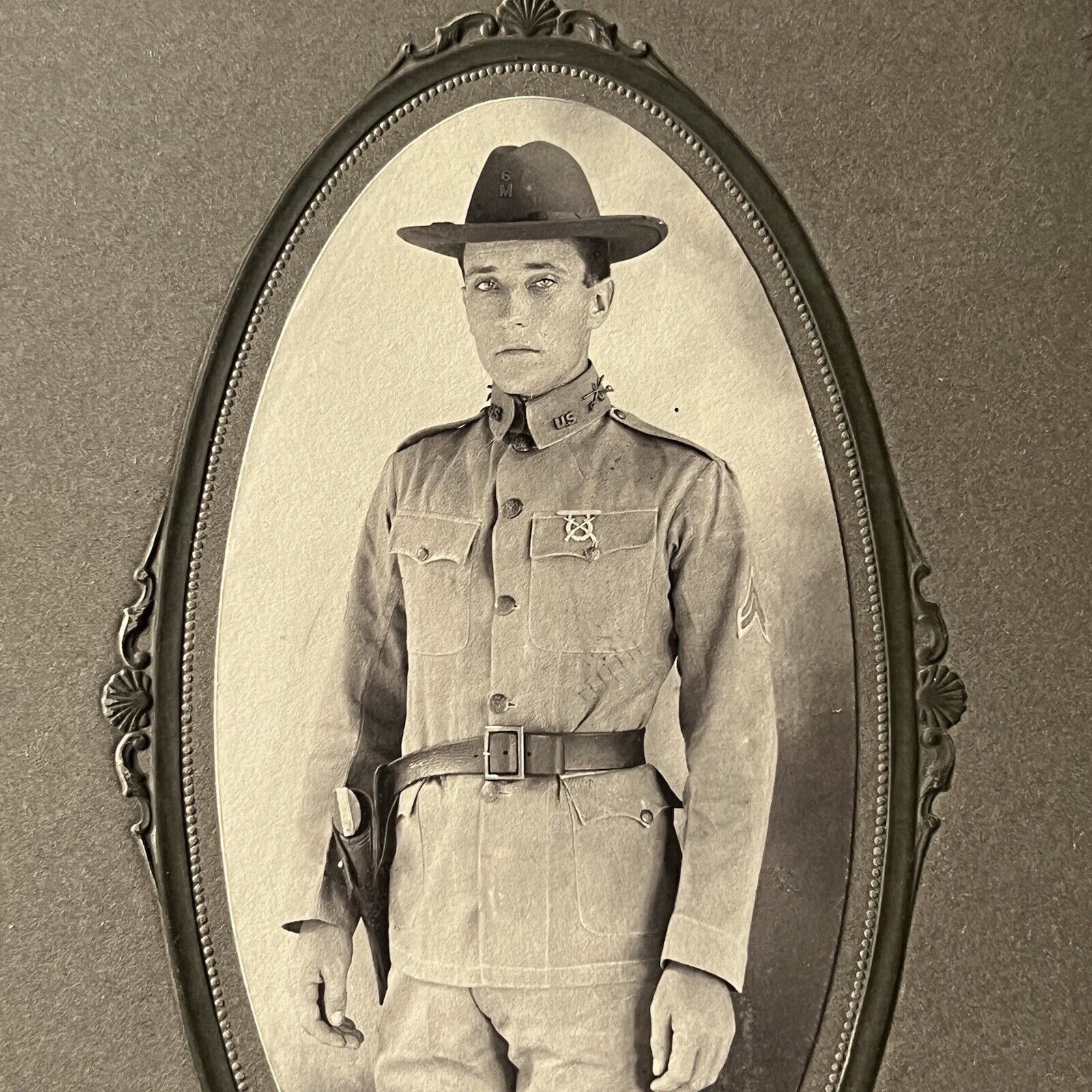 Antique Cabinet Card Photograph Handsome Man Soldier 6th Calvary Troop M Gun