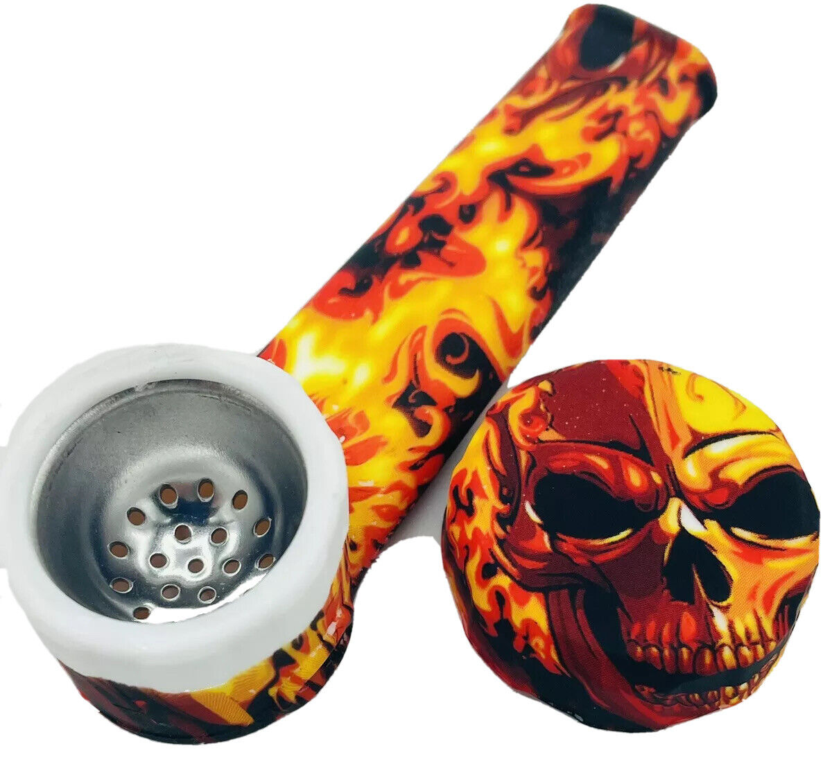 Silicone Smoking Pipe with Metal Bowl & Cap Lid | Fire Skulls