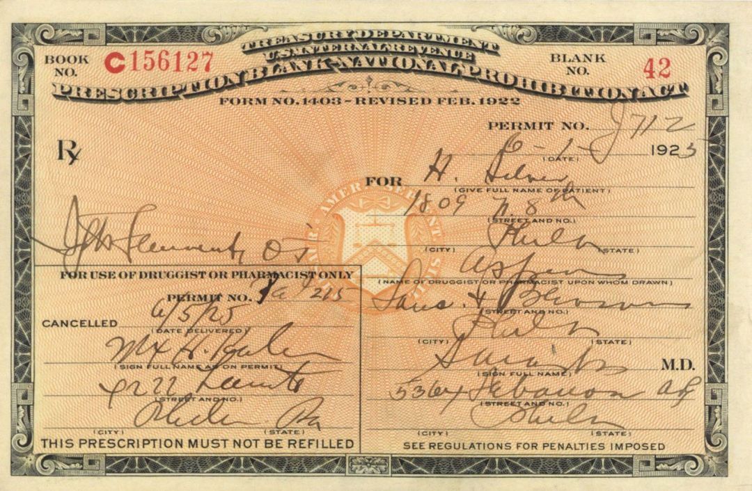 Prescription Form - dated 1923-1925 - National Prohibition Act - Americana - Bea