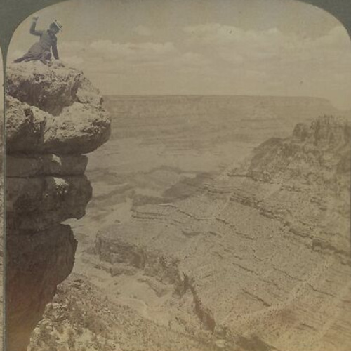 1903 WOMAN ON EDGE OF GRAND CANYON THROWING ROCK OVER ARIZONA STEREOVIEW 23-22