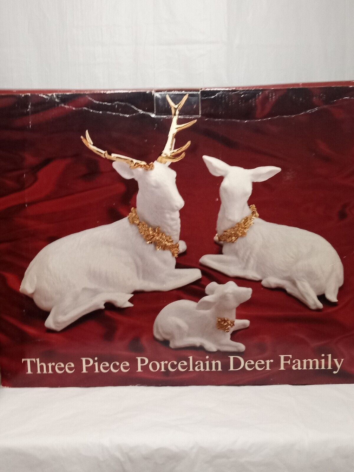 Gorgeous White with Gold Accent 3 Pc Porcelain Deer Family.