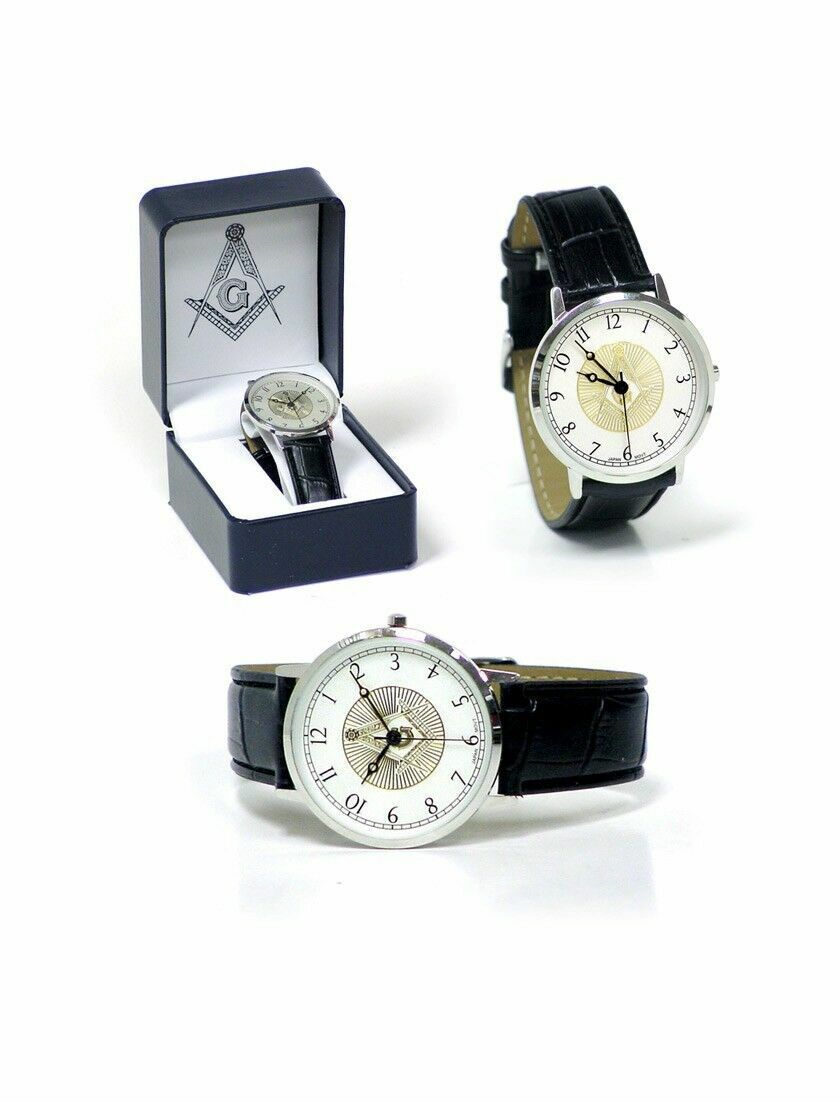 Masonic Men\'s Wrist Watch Leather Band Gold Tone Square and Compass Freemasons