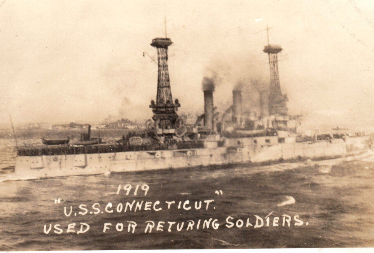 WWI Uss Connecticut US Navy Battleship BB-18 Transporting Soldiers Rppc