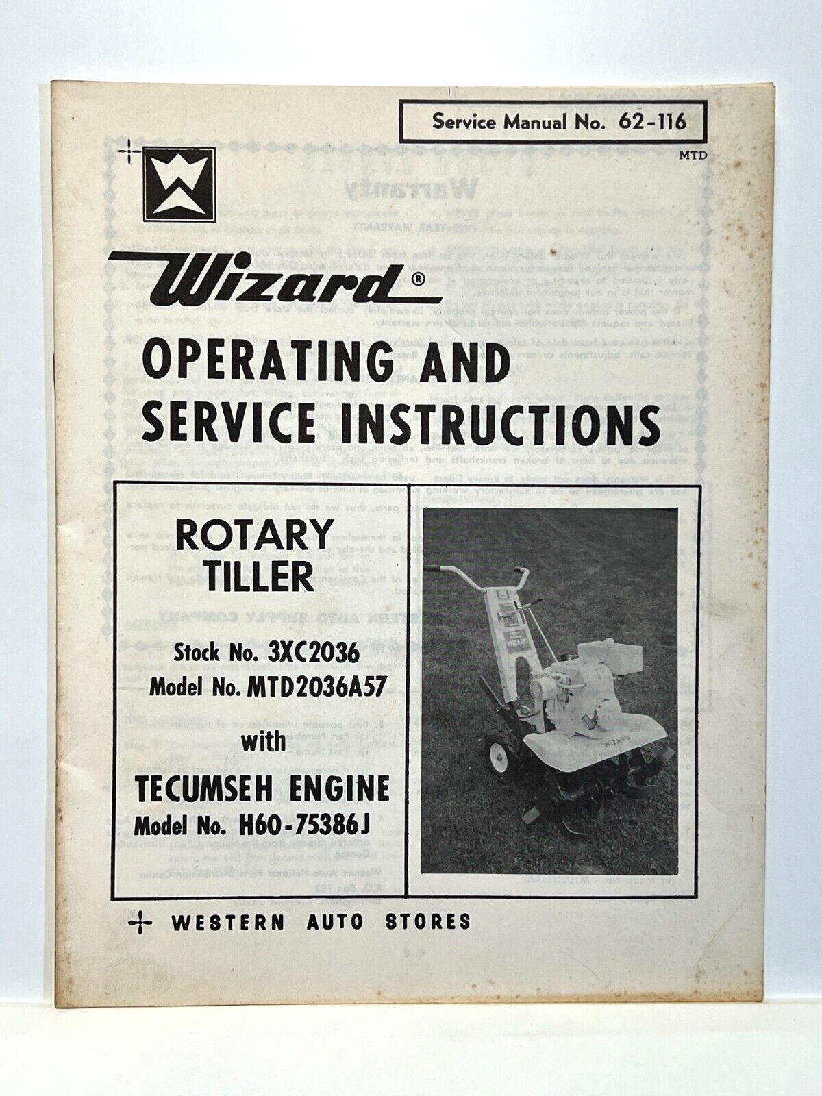 Vintage Western Auto Stores Wizard Rotary Tiller Operating Service Owners Manual
