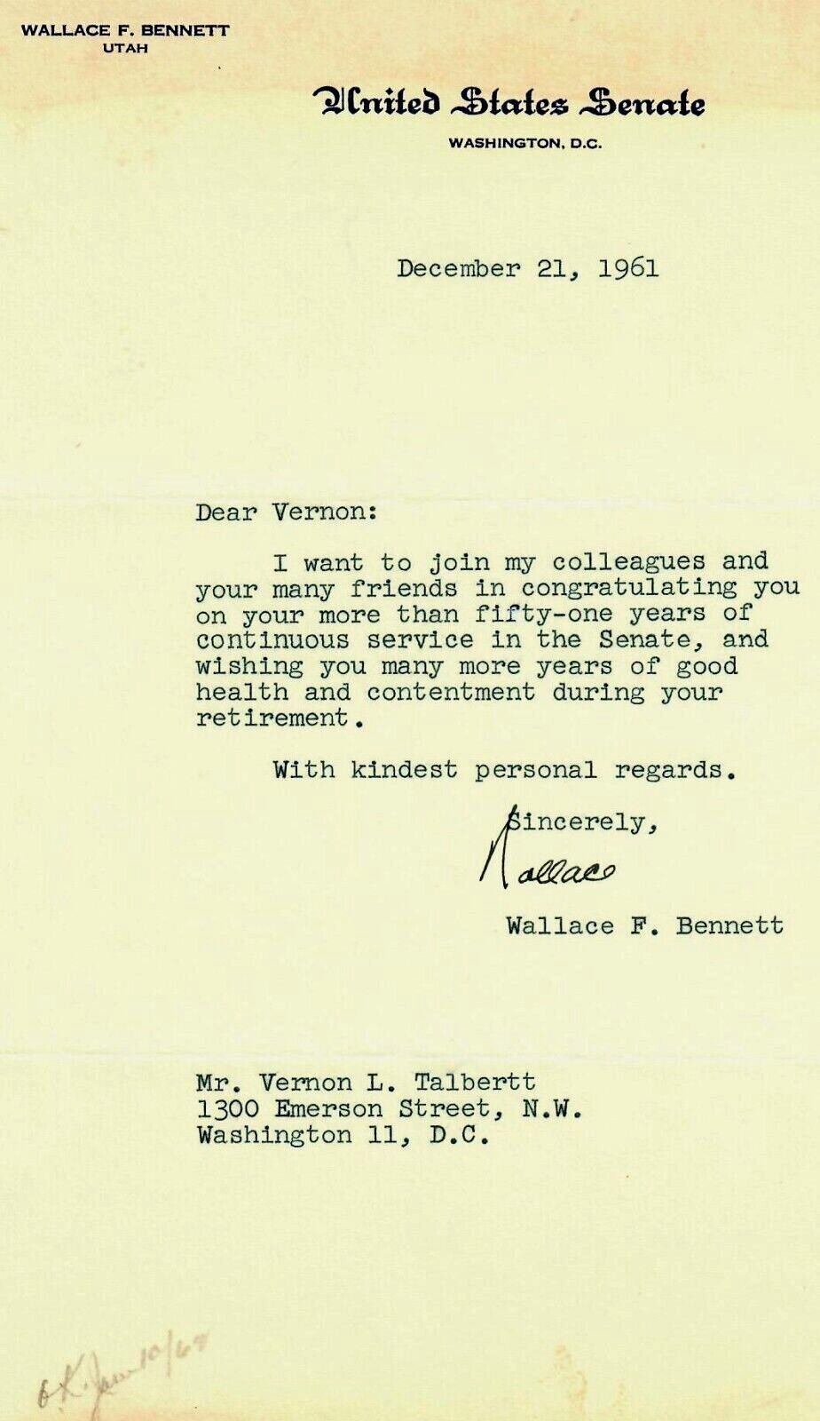 “Utah Senator” Wallace F. Bennett Hand Signed TLS Dated 1961