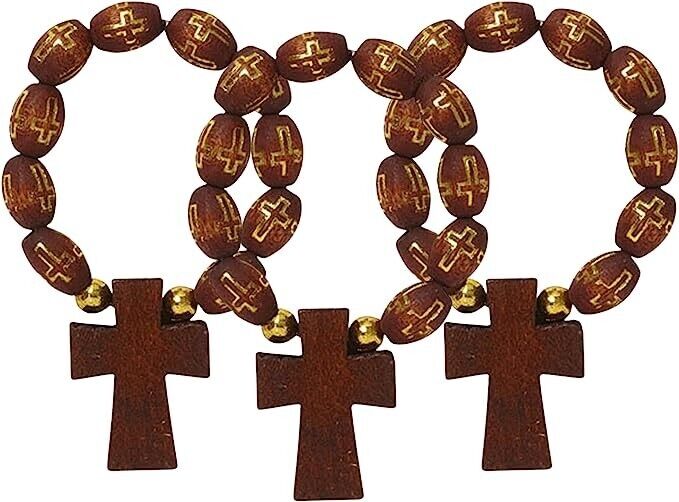 One Decade Brown Wood Beaded Travel Cross Rosary Ring for Travel Praying 3 Pack