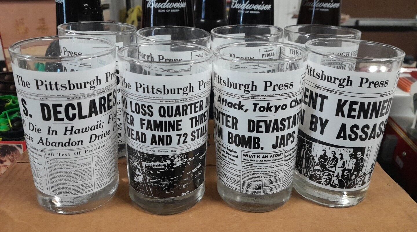 8 Vintage Pittsburgh Press Glasses Libbey Glassware