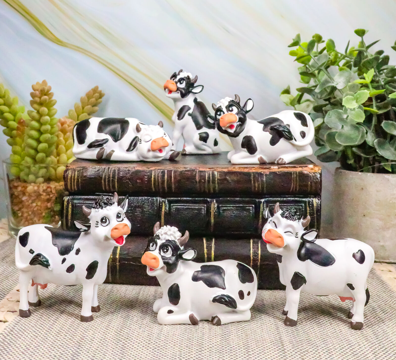Ebros Set of 6 Whimsical Cute Bovine Cows Figurine Cattle Cow Animal Collectible