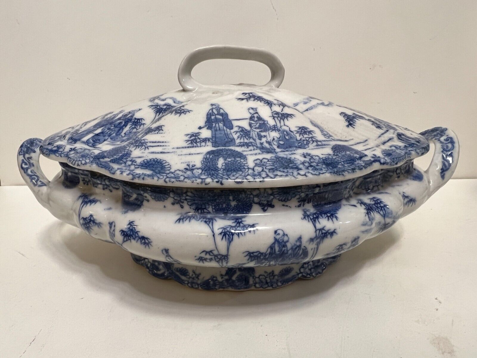Vintage Chinese Blue & White Covered Oval Vegetable Tureen with Handles