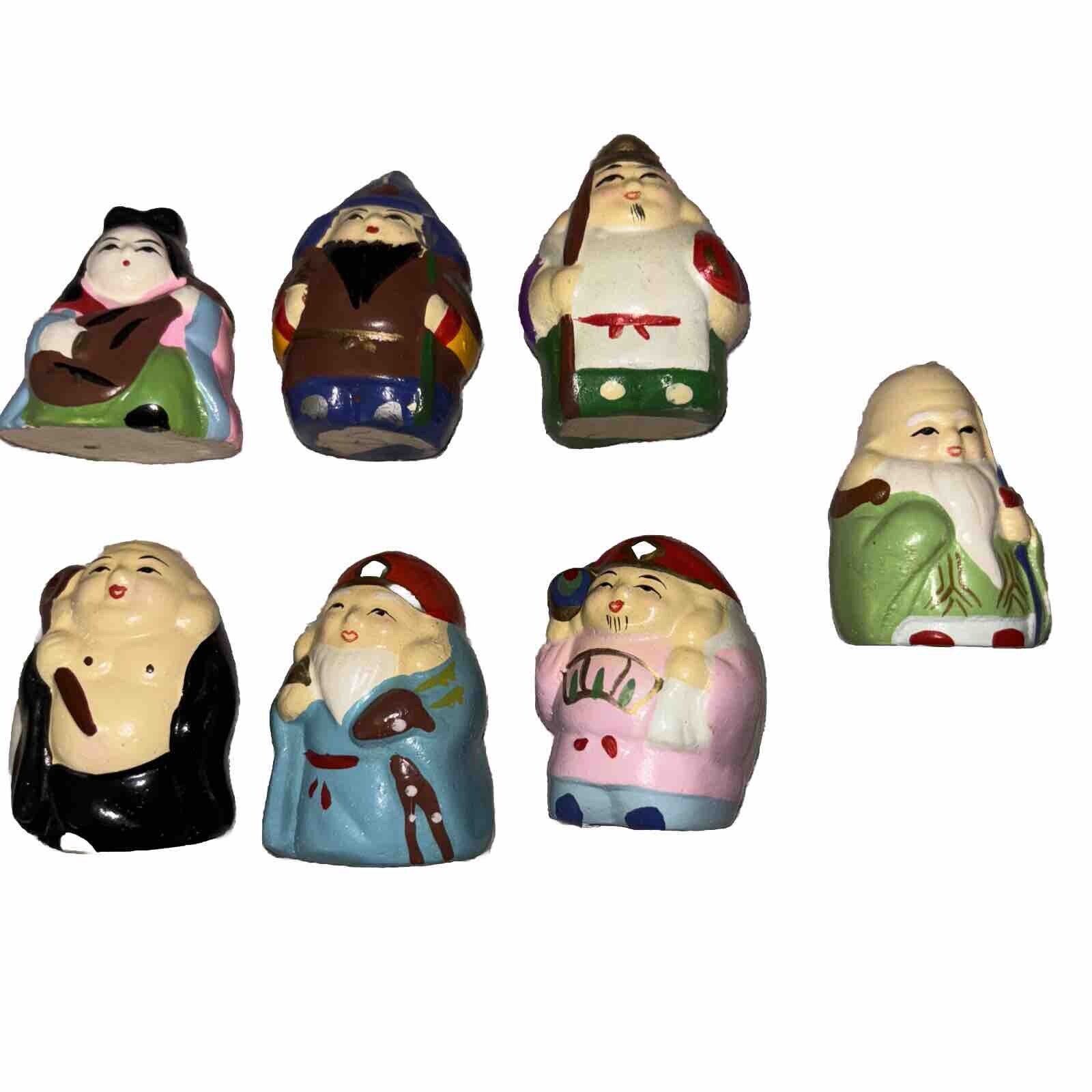 Seven Lucky Gods Figurines 2” Clay Hand Painted Rare Set Lot Of 7 VINTAGE