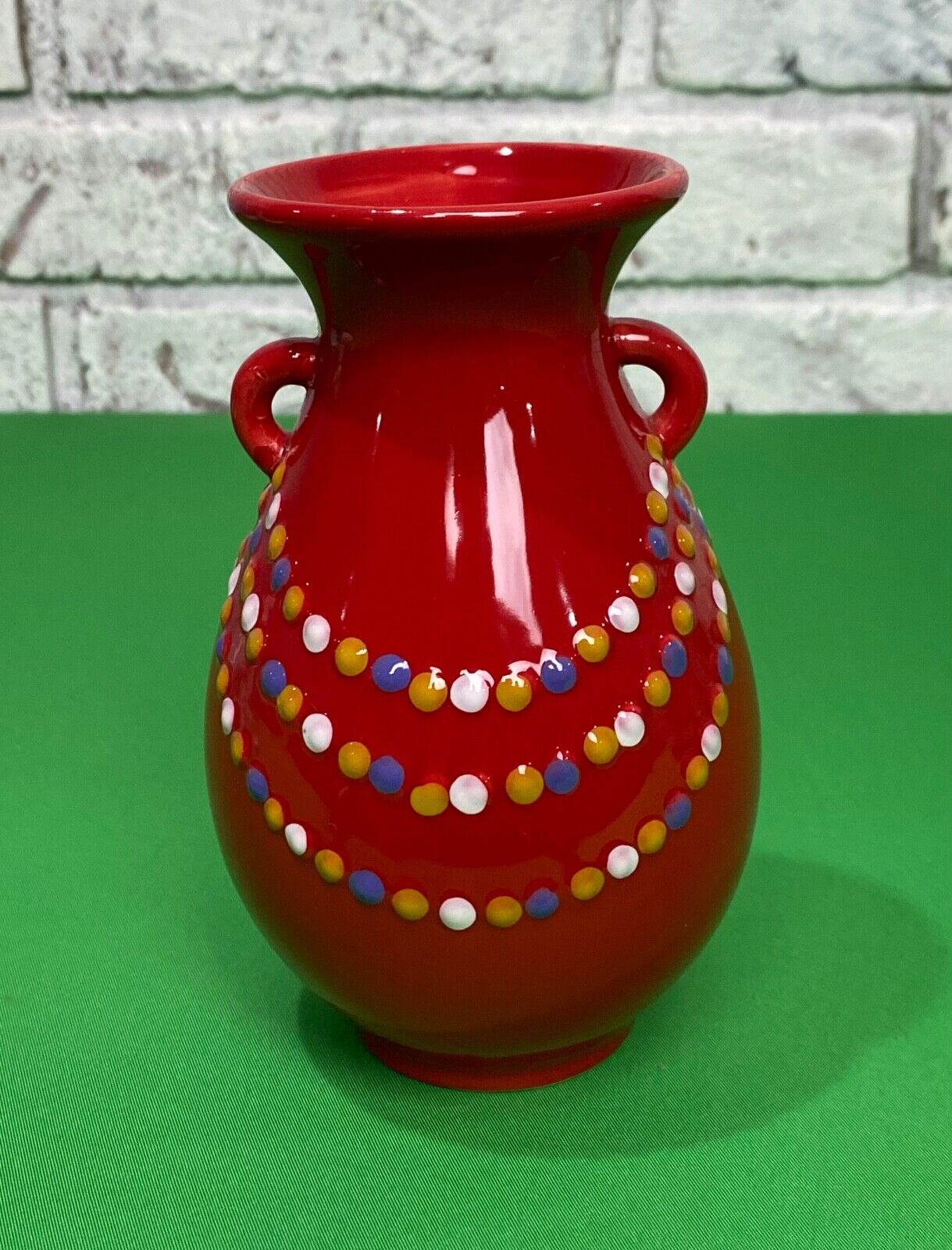 Vintage 6” Ceramic Bud Vase  Red & Blue, Gold And White Hand Dot Painted